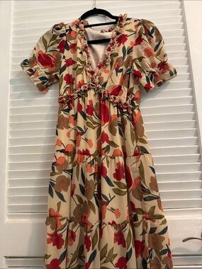 Floral Tiered Ruffle Maxi Dress - Cream with Red & Green Floral Print